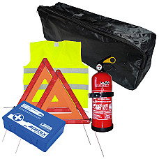 Set pachet prim ajutor auto, trusa sanitara PET, stingator 1kg Cridem, triunghi presemnalizare 2buc, vesta reflectorizanta, geanta organizatoare Negru